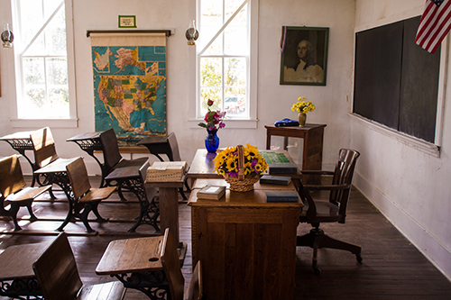 an empty elementary school classroom