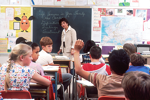 Elementary school students and their teacher in a classroom